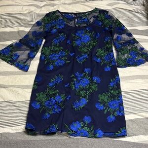 NWOT Leslie Fay Navy Dress with Blue Floral Embroidered Bell Sleeve Sheath Sheer
